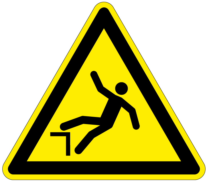 pictogram valgevaar, geel zwart, driehoek, iso 7010, w008, achterover vallen